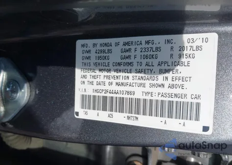 2010 Honda Accord 2.4 Lx-P z USA, uszkodzony, nr VIN 1HGCP2F44AA107869